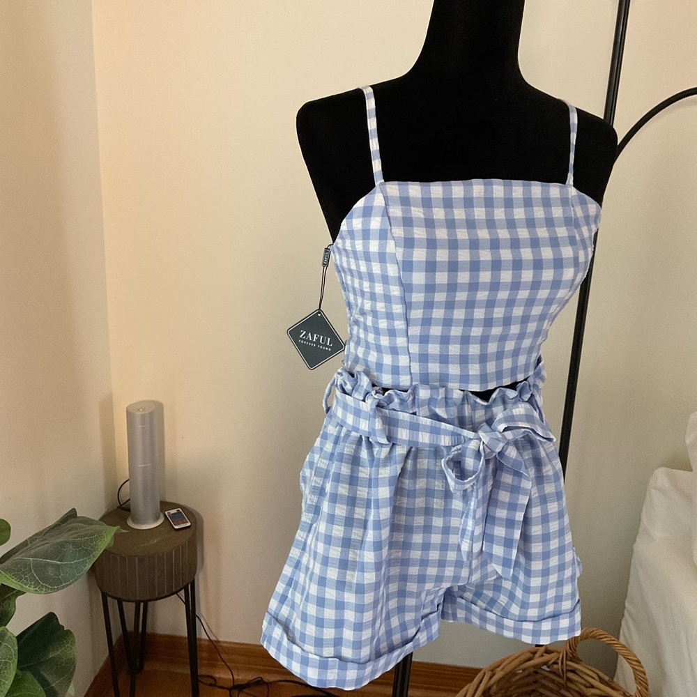 Zaful Light Blue & White Gingham Tie-Waist Romper